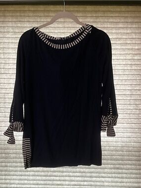 Black Boatneck Blouse with Striped Trim and Tie Cuffs